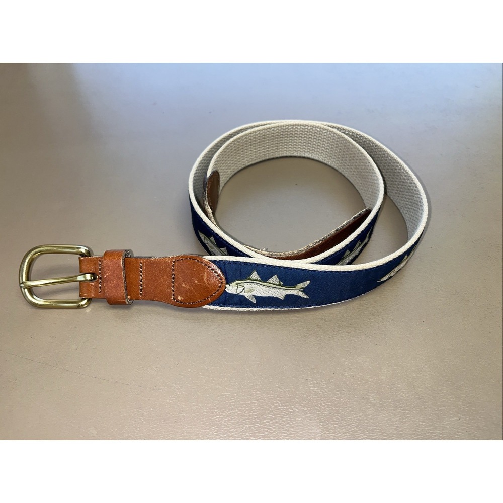 Leather Man Ltd Belt 40 Fish Navy Embroidered Canvas Brass Nautical Hand Made